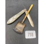 An attractive fruit knife with carved M.O.P and an unmarked caddy spoon with shovel bowl