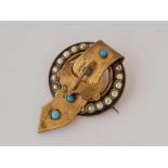 Pinchbeck Victorian garter brooch, enamelled, pearl and turquoise set.
