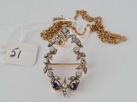 A VICTORIAN GOLD AND SILVER SET SAPPHIRE AND DIAMOND PENDANT ON GOLD CHAIN