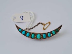 A Victorian crescent shaped brooch with turquoise and diamonds 4.6 gms
