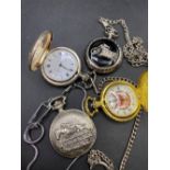 Four modern pocket watches the covers depicting racing scenes etc.