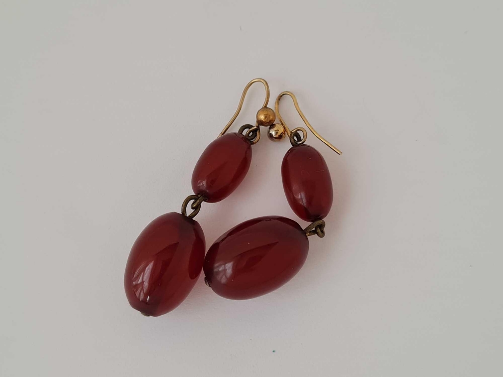 Antique red amber drop bead earrings, length without ear fitting 32mm