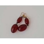 Antique red amber drop bead earrings, length without ear fitting 32mm