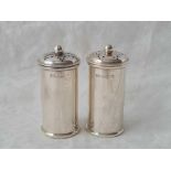 Pair of cylindrical peppers with pull off covers, Birmingham 1922 by GU, 68g