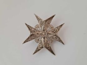 Antique Silver filigree Maltese cross brooch, 46 x 46mm