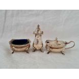 A three piece cruet set on pad feet, Birmingham 1952, 121g excluding two BGL's