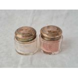 A pair of jars with pull off covers, glass bodies, 1 1/4" wide, Birmingham 1909