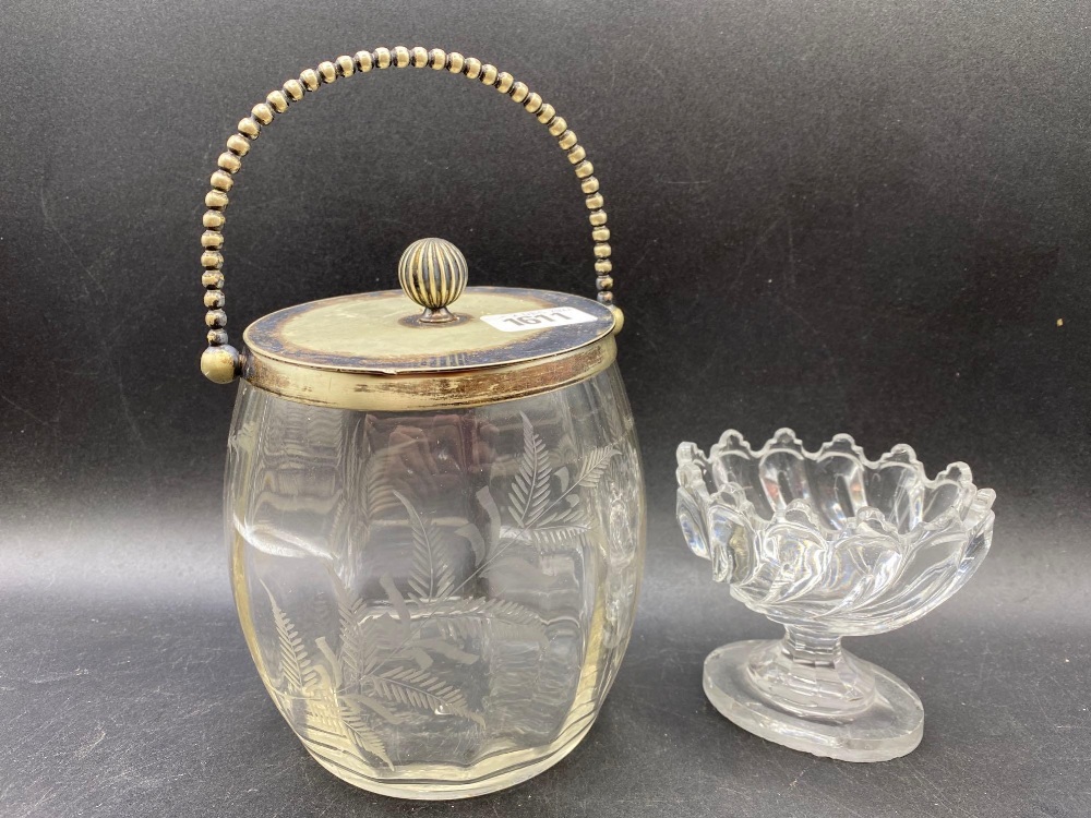 A Victorian engraved biscuit barrel and a Georgian glass salt