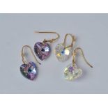 Two pairs of heart shaped crystal drop earrings 9ct