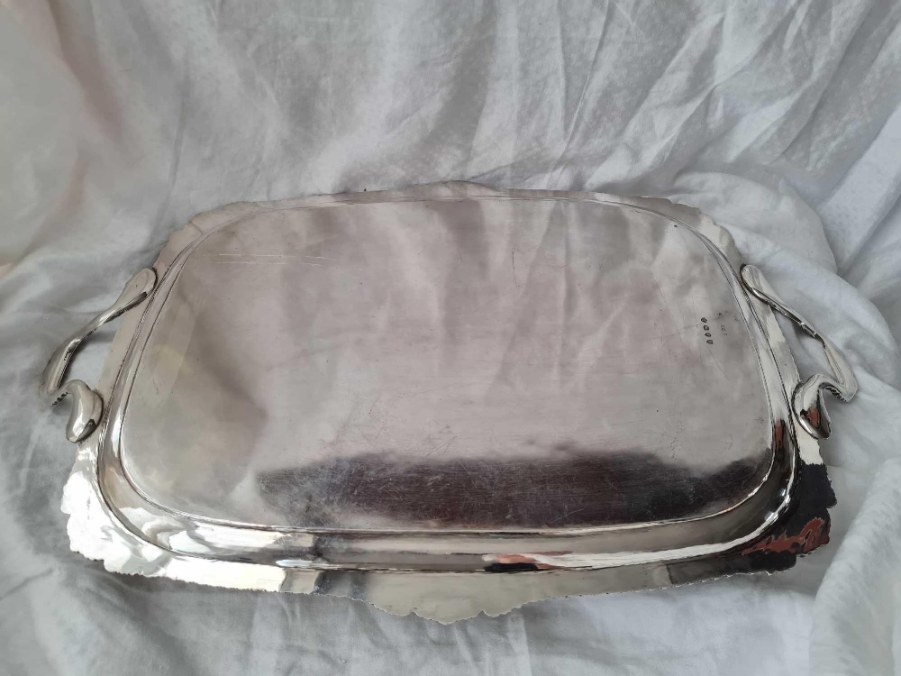 A good Georgian style tray with gadroon and shell border, plain centre, 25" over handles, London - Image 5 of 6