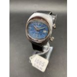 A blue faced MEMO STAR alarm watch with seconds sweep and date aperture W/O