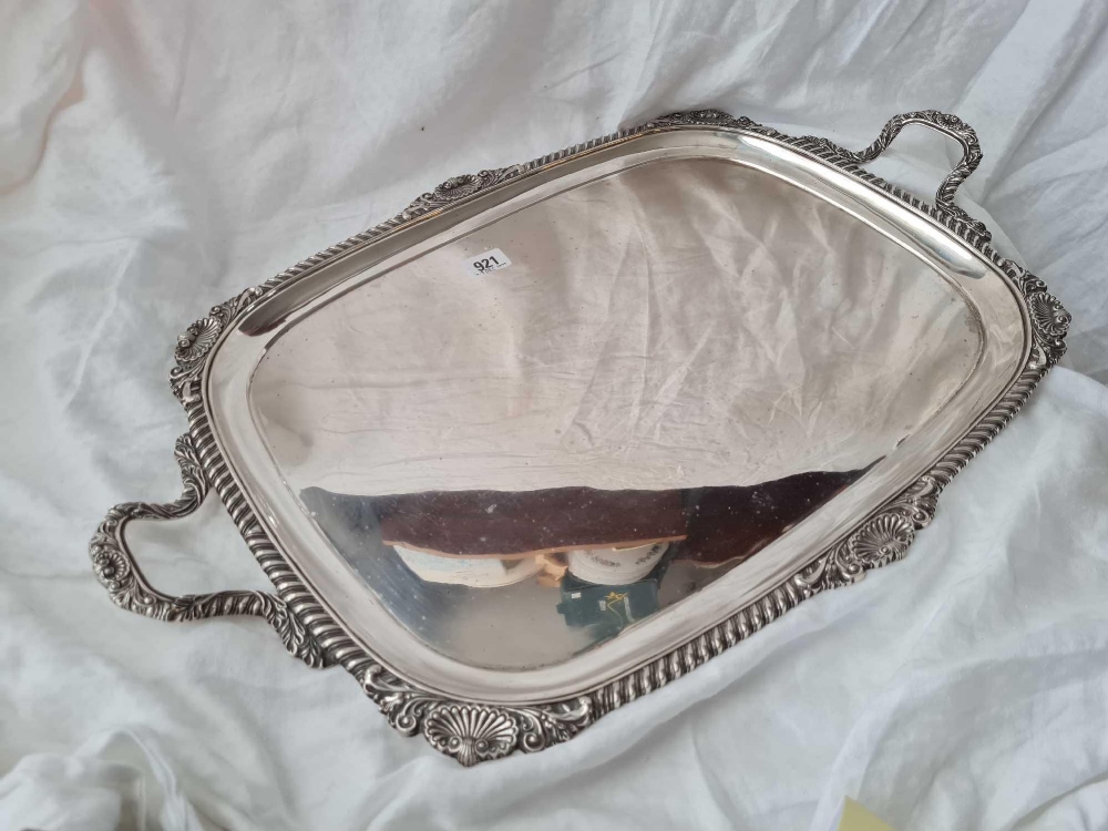 A good Georgian style tray with gadroon and shell border, plain centre, 25" over handles, London - Image 2 of 6