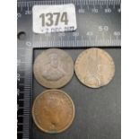 Three half-penny tokens 1843 New Brunswick Queen Victoria, 1789 Cronebane Irish Miners, Price of