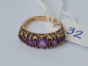 A five stone amethyst ring 9ct size L 3.6 gms