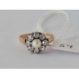 A VICTORIAN 18CT GOLD TESTED PEARL AND DIAMOND CLUSTER RING APPROX 1.4 CARATS DIAMOND SIZE P