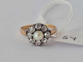 A VICTORIAN 18CT GOLD TESTED PEARL AND DIAMOND CLUSTER RING APPROX 1.4 CARATS DIAMOND SIZE P