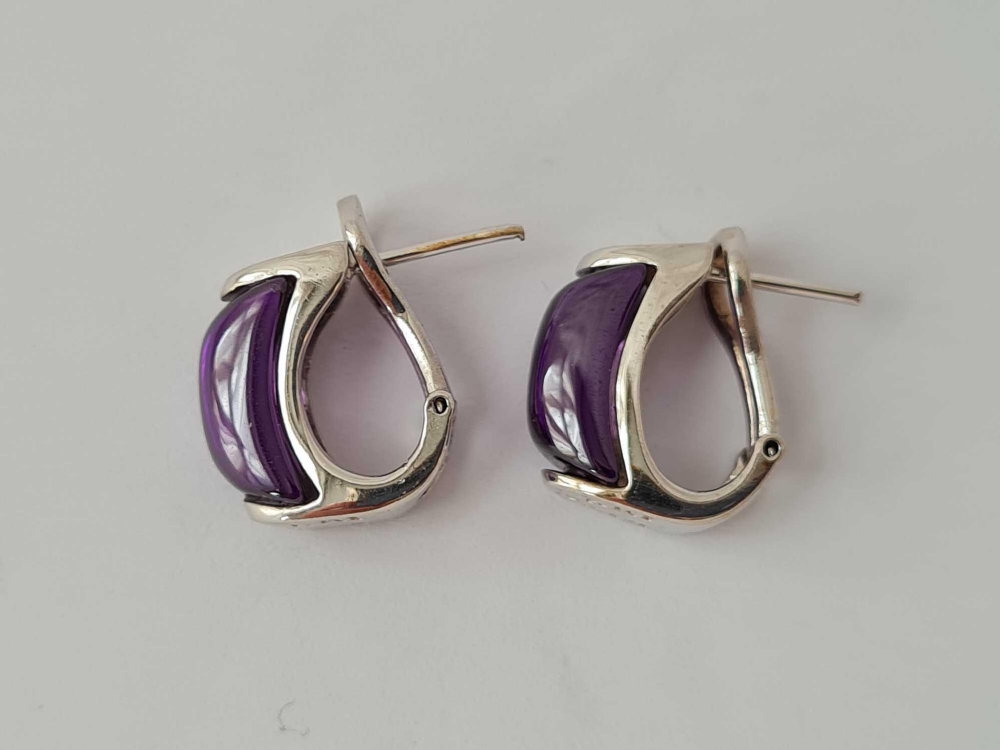 A pair of mauve stone 14k white gold earrings with safety backs 9.6g inc - Image 2 of 3