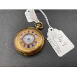 A LADIES HALF HUNTER GOLD POCKET WATCH WITH PINK ENAMEL DIAL 15CT GOLD 36.6 GMS INC W/O