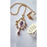 A good Victorian amethyst and pearl pendant with original chain