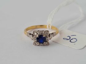 A sapphire and diamond square cluster ring set in gold size P 2.7 gms