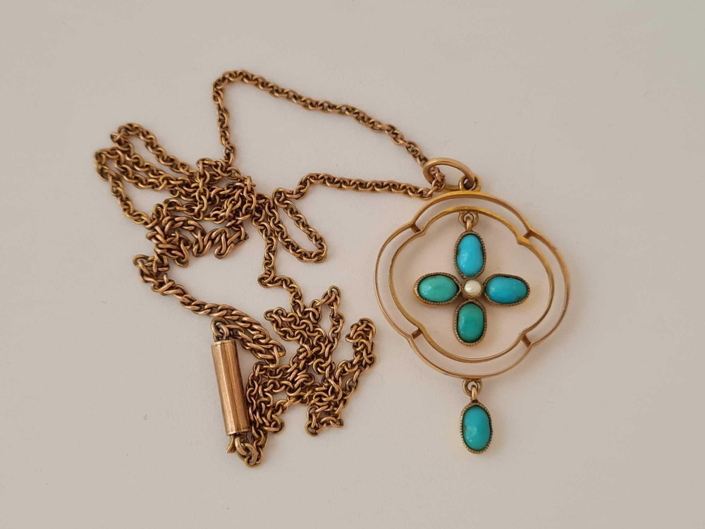 Victorian 9ct pendant & chain the pendant set with turquoise & pearl.