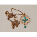 Victorian 9ct pendant & chain the pendant set with turquoise & pearl.