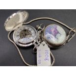 Two novelty pocket watches depicting flying scotts man and horse and jockey