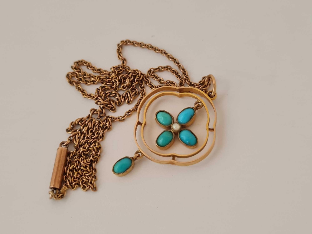 Victorian 9ct pendant & chain the pendant set with turquoise & pearl. - Image 2 of 2