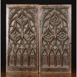 A Pair of 16th Century Oak Panels carved with a lancet arch topped section of Gothic tracery