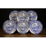 A Set of Six 19th Century Blue & White Plates transfer printed with a scenic centre panel depicting
