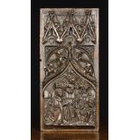 A 16th Century French Carved Gothic Oak Panel depicting 'The Coronation of the Virgin' set beneath