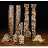 A Group of Carved Oak Ornamental Fragments: Two pairs of pilasters;