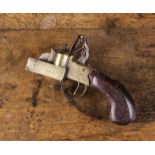 An 18th Century English Brass & Oak Tinder Pistol or 'Strike-a-Light' decorated with engraving,
