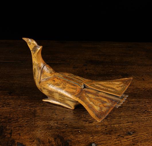A Fabulous 19th Century Treen Table Snuff in the form of Peacock with hinged wings & penwork
