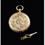 An 18 KT Gold Pocket Watch with cylinder escapement. The case elaborately decorated with engraving.