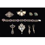 A Group of Antique Costume Jewellery: A pretty Edwardian pendant with a cut crystal gem of inverted