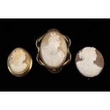 Three Victorian Carved Shell Cameo Brooches: The largest depicting Diana with crescent moon on her
