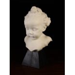 A Carved White Marble Bust of a Young Girl with curly hair,