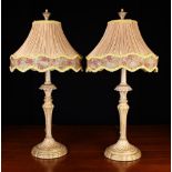 A Pair of Simulated Giltwood Occasional Lamps by RVA Lighting fitted with fancy gathered apricot