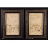 A Pair of Framed Plaster Casts of 16th Century Court Scenes set behind glass in decorative frames,