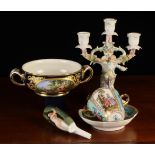 A Group of Continental Decorative Porcelain: A small Sitzendorf three branch figural candelabra
