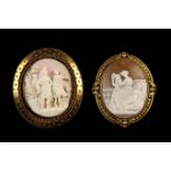Two Fine Victorian Cameo Brooches: One depicting a Goddess sat by balusterading strumming a lyre