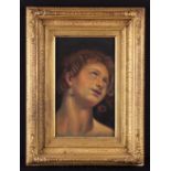 A Gilt Framed Pastel Drawing: Portrait of a head depicted with curly hair and eyes cast to heaven,