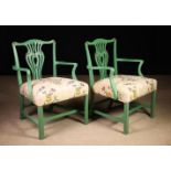 A Pair of Green Painted Georgian Style Armchairs.