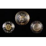 Three Fine Victorian Tortoiseshell Piqué Brooches: The largest inlaid with gold & silver depicting