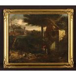 An Oil on Panel; 18th Century landscape with Italian ruins, horses,