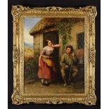 A 19th Century Oil on Canvas: Idyllic Scene depicting a young couple outside a thatched rural