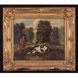 A 19th Century Oil on Canvas. Hunting scene with Gunman and Dogs, 10" x 12" (25.5 cm x 30.5 cm).