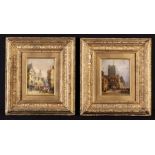 A Pair of Antique Oils on Boards: Continental Town Scenes, 6" x 4¾" (15 cm x 12 cm),