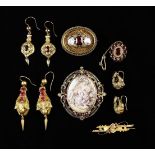 A Group of Victorian Costume Jewellery: Three pairs of embossed and chased gold tone drop earrings